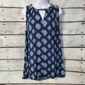 Daytrip Sleeveless Blouse Women’s Medium Blue White Boho Print Keyhole Tank Top